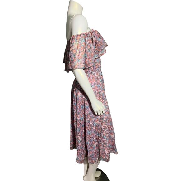 Vintage Samuel Blue Floral Off Shoulder Dress Size 14 Romantic Midi - Picture 2 of 10